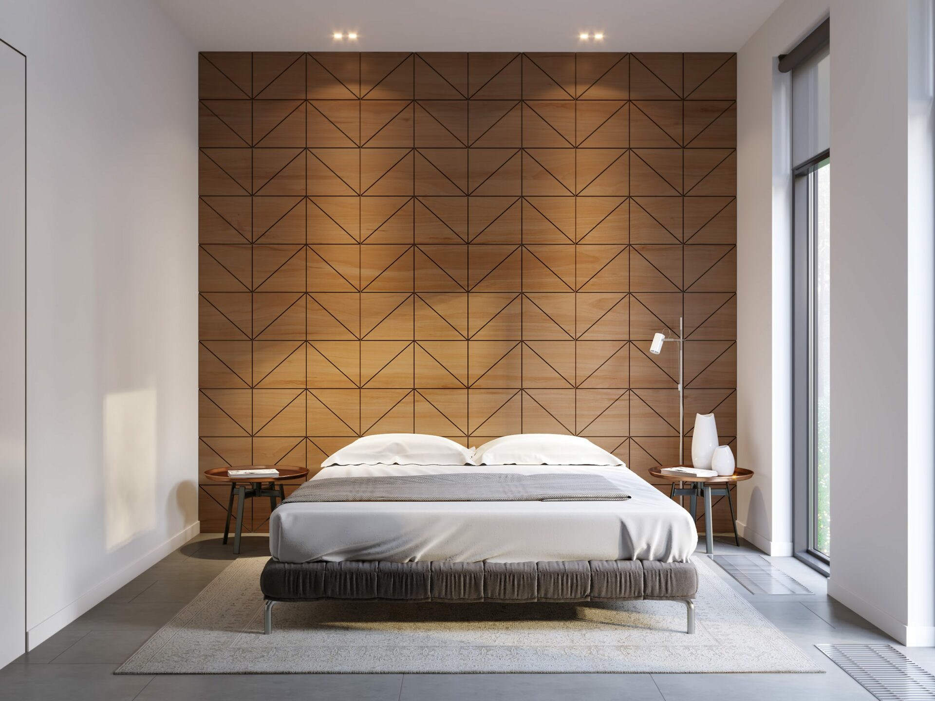 Example of Urban Contemporary Modern Minimalism Bedroom Interior Design With Modern Bed and Wooden Paneling on Wall. From Graham's Fort Collins Flooring & Design.